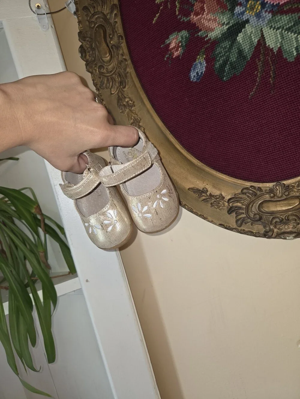 See Kai Run Metallic Gold Mary Janes with White Floral Accent